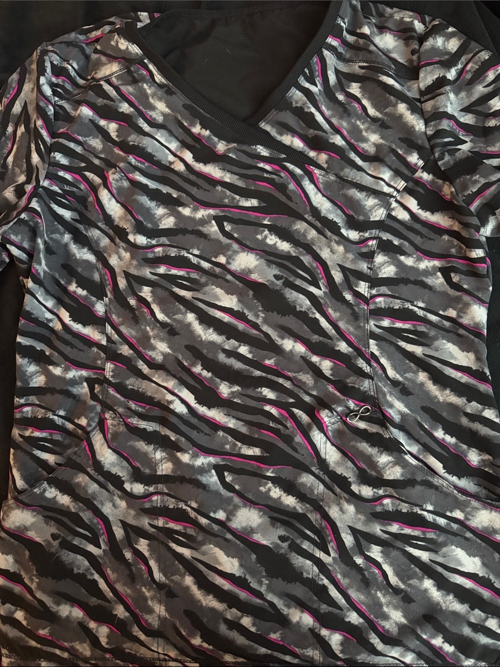 Women's V-neck Scrub Top in Black, Gray & Magenta Zebra Print